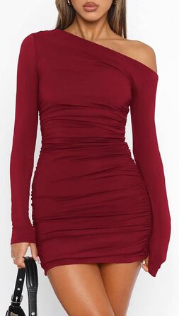 Жіноче облягаюче плаття ELFIN з трикотажної тканини, довгим рукавом, міні, на бретельці, з драпіруванням, для вечірок, клубів, повсякденного носіння (Бордовий, XL)