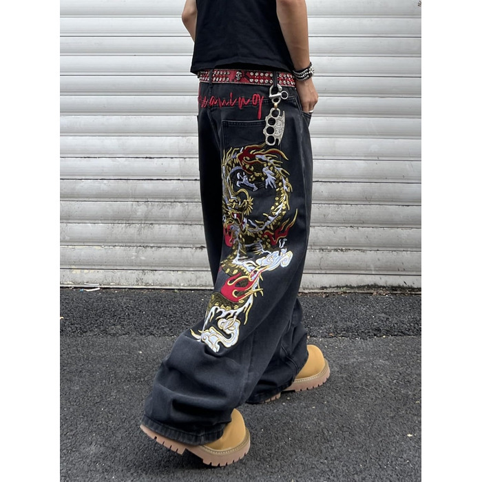 Чоловічі джинси Baggy з вишивкою, широкі штани денім (XXL, чорні, A50)