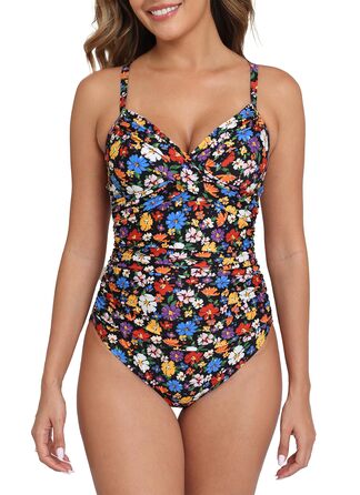 Чоловічий купальник Halcurt з животом, з чашечками та драпіруванням, цілісний, монокіні, чорний з кольоровими квітами, XL