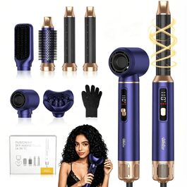 Мультистайлер для волосся 6 в 1 UKLISS Air Styler Set з дифузором, LCD-дисплеєм та насадами для завивки, сушіння та вирівнювання, 1000 Вт, Gold Blue