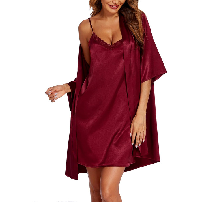 Халат та нічна сорочка Ecouaer для жінок з атласу, сексуальна піжама, комплект 2 шт. (червоний, S)