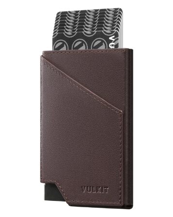 Чоловічий гаманець-картхолдер VULKIT з RFID-захистом та Pop-up механізмом, металевий кейс для карток та відділення для купюр і монет (натуральна шкіра, Espresso)