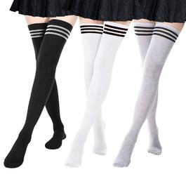 DRESHOW 3 пари довгих жіночих шкарпеток вище коліна, гоножиків, панчіх у смужку (3 пари: чорний, сірий, білий)