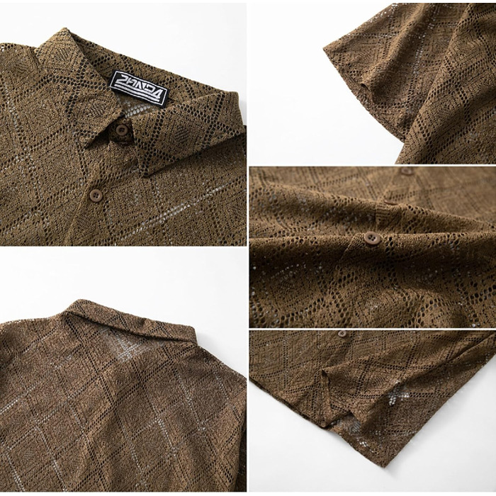 Чоловіча сорочка SOOUICKER з мереживом, коротким рукавом, прозора, в стилі vintage, для відпочинку та вечірок, біла