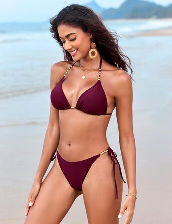 Бікіні жіноче Triangel з золотими перлами, топик халтер з пом'якшувачами та стринги, трусики на зав'язках, фуксія, M