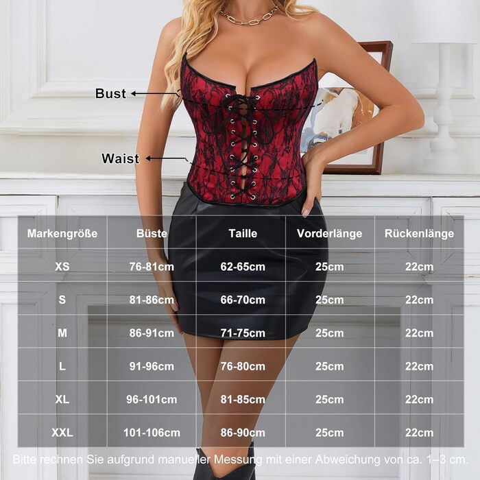 Корсет топ WHIPPY Daen Vollbrust з шнуруванням, готичний Overbust корсет (чорний/червоний, L)