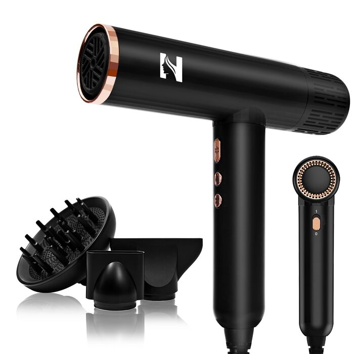 Професійний іонний фен для волосся NICEBAY 1900W з дифузором, високошвидкісний BLDC двигун 110000 об/хв, 4 температурних та 3 повітряних режими, легкий та тихий, чорно-золотий