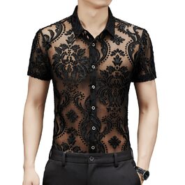 Прозора сорочка для чоловіків та жінок, сексуальна, з короткими рукавами, для нічного клубу, мереживна сорочка-сітка L CS02