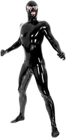 Комбінезон-костюм з латексу для чоловіків GAYLOP з капюшоном, рукавичками та шкарпетками. Чорний латексний боді з капюшоном, повний костюм.