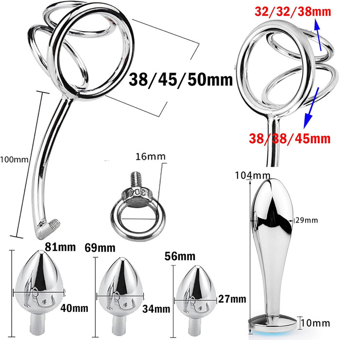 Анальний гачок ScreaAss з кільцем для пеніса, кільцем для яєчок та 4 анальними пробірками, набором для BDSM, металевий, срібний, 50 мм
