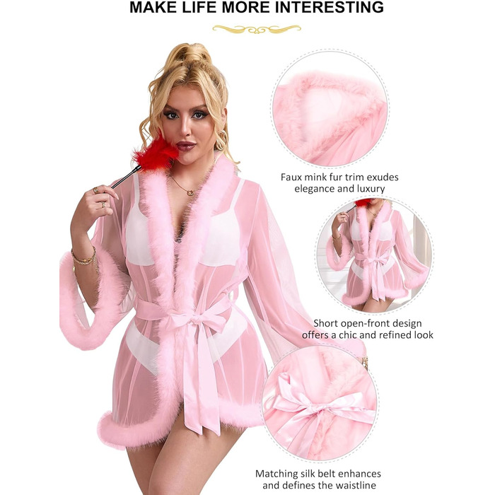 Кимоно Sunushinelady для жінок: коротке, сексуальне, з пір'ям, прозоре, великі розміри (3XL-4XL), рожеве, як ніжна білизна для дому, пляжу або під купальник