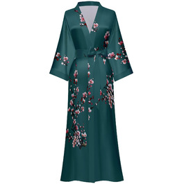 Жіночий халат з довгим рукавом з шовку та атласу з квітковим принтом (сливові квіти, темно-зелений)