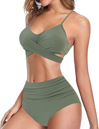Бікіні JFAN з рюшами, пов'язка на спині, висока талія, топ з пуш-ап, комплект 2 шт. (Армійний зелений, XL)