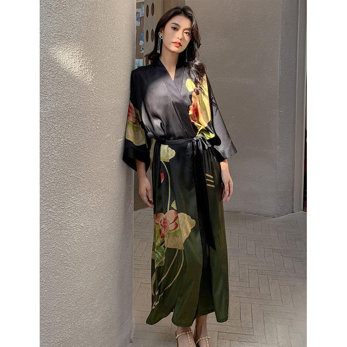 Жіночий халат з довгим рукавом з шовку та атласу, халат-кімоно з квітковим принтом, універсальний розмір (чорний, зелений з квітковим принтом)