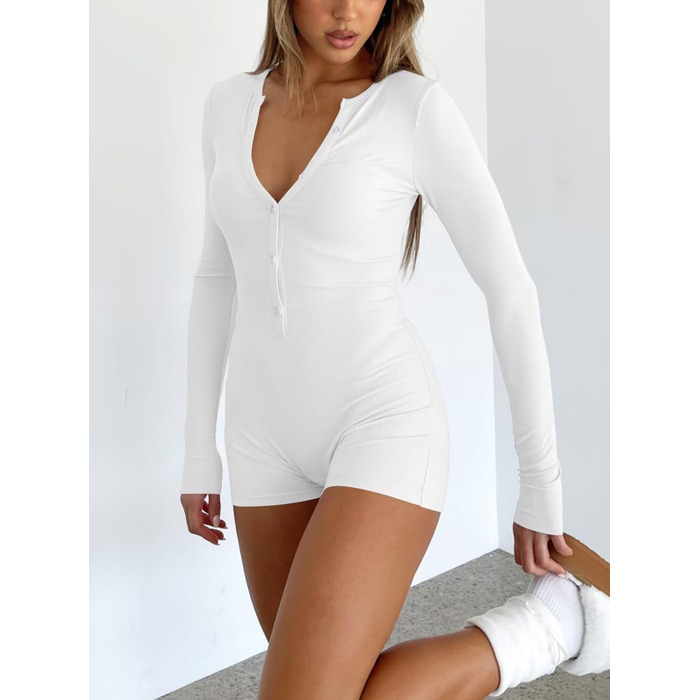 LACOZY жіночий комбінезон з довгим рукавом та V-подібним вирізом, сексуальний стиль Y2K, обтислий, піжамний комплект, спортивний боді білий