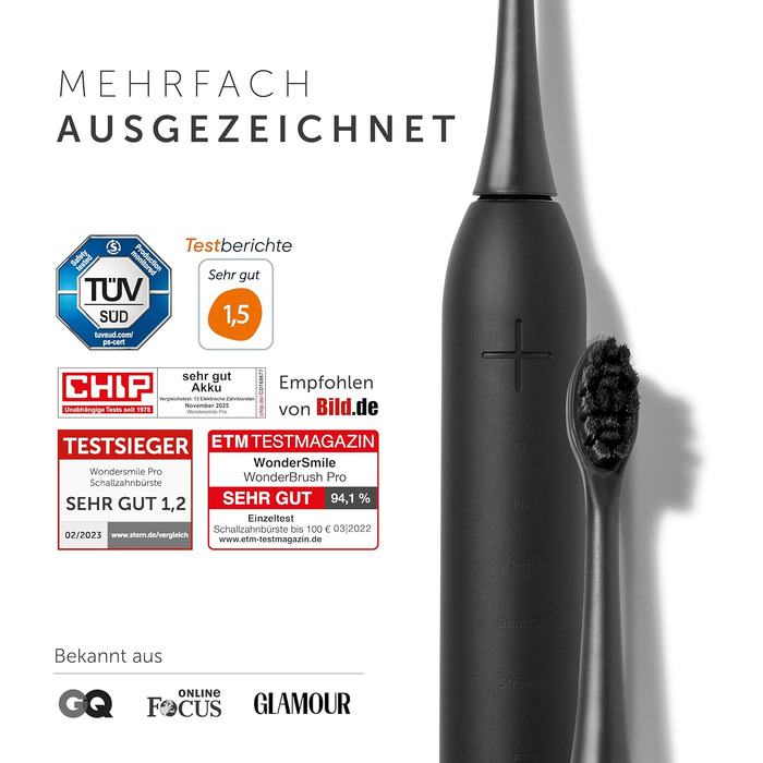 Електрична зубна щітка WonderSmile Schallzahnbürste Pro IPX8, 4 режими роботи, з зарядною станцією та смарт-насадкою, Ultimate Black
