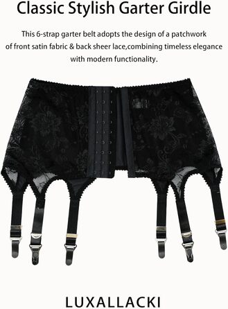 Чорний британський поясок на шнурках Luxallacki з 6 ремінцями, квітковою мереживом та металевими застібками, розмір 42