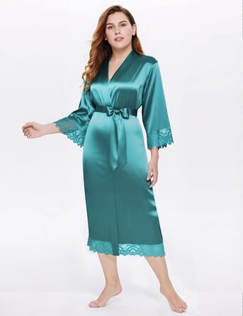 Халат жіночий довгий/короткий однотонний мереживний, шовковий сатин, кімоно, для дому, літній, BABEYOND, універсальний розмір (єдиний розмір, блакитний павич)