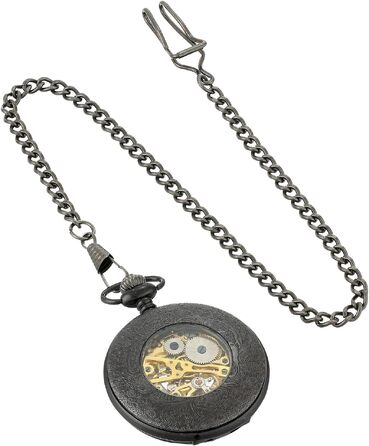 Чоловічий кишеньковий годинник ShoppeWatch з ланцюжком, механічний з ручним заводом, вінтажний стиль стімпанк (чорний)
