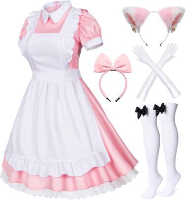 Костюм для косплею в стилі Аніме Лоліта, Французька служниця, Комплект з 6 предметів (Спідниця, рукавички, головний убір, шкарпетки), Синій (S, Рожево-червоний)
