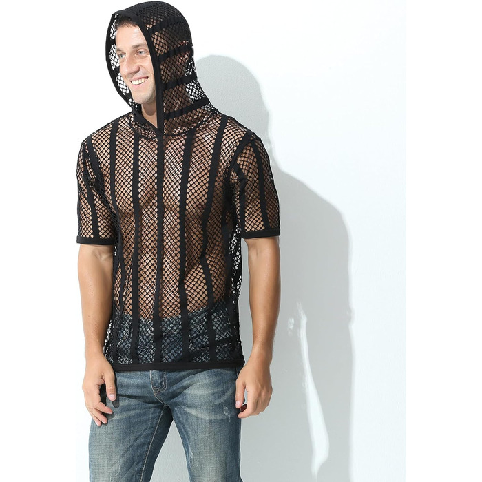 Чоловічий худі Evankin з сіткою, прозорий, короткий топ, футболка, прозорий пуловер (чорний, L)