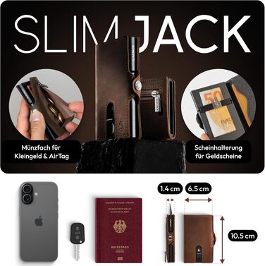 Чоловічий смарт-гаманець SLIMJACK з монетницею та RFID-захистом, шкіряний тримач для кредитних карток з алюмінієвим корпусом, темно-коричневий