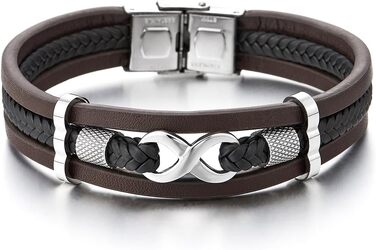 Плетений шкіряний браслет COOLSTEELANDBEYOND з символом нескінченності (цифра 8), коричневий та чорний, колір металу срібний, унісекс
