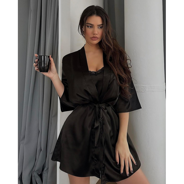 Світшот жіночий Ekouaer з нічною сорочкою, комплект з двох частин, атласний, сексуальний, для дому, вечірній, чорний (03-чорний, M)