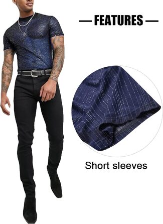 Чоловіча футболка AIEOE з блискітками, дихаюча, клубний стиль, сітка, чорна (3XL, Синій)