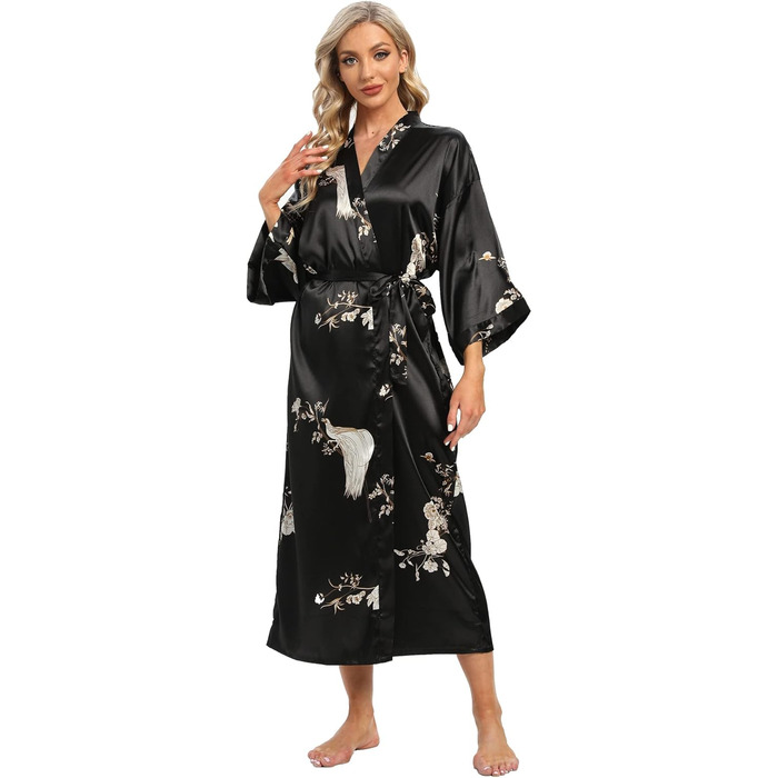 Жіночий халат з довгим рукавом з шовку, сатин, кімоно, квітковий принт, чорний, універсальний розмір