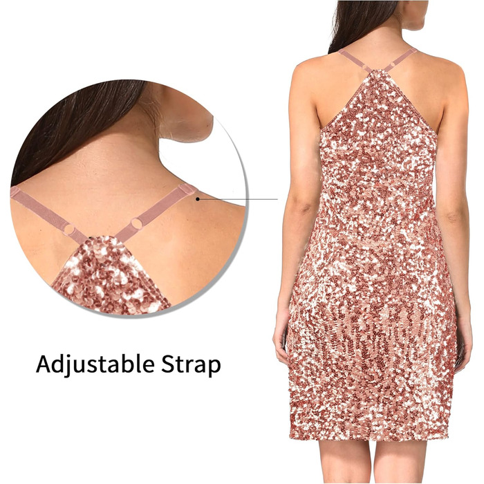 Сукня жіноча класична фігурна з паєтками, регульовані бретелі, U-подібний виріз та рукава-майка XXL, рожеве золото