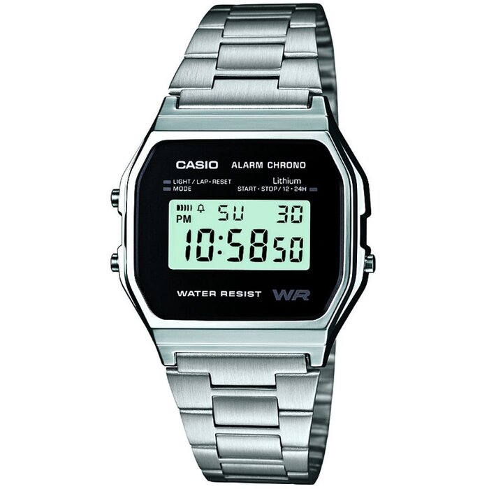 Сріблястий унісекс годинник Casio Collection Retro A158WEA з металевим ремінцем, сріблястий/чорний
