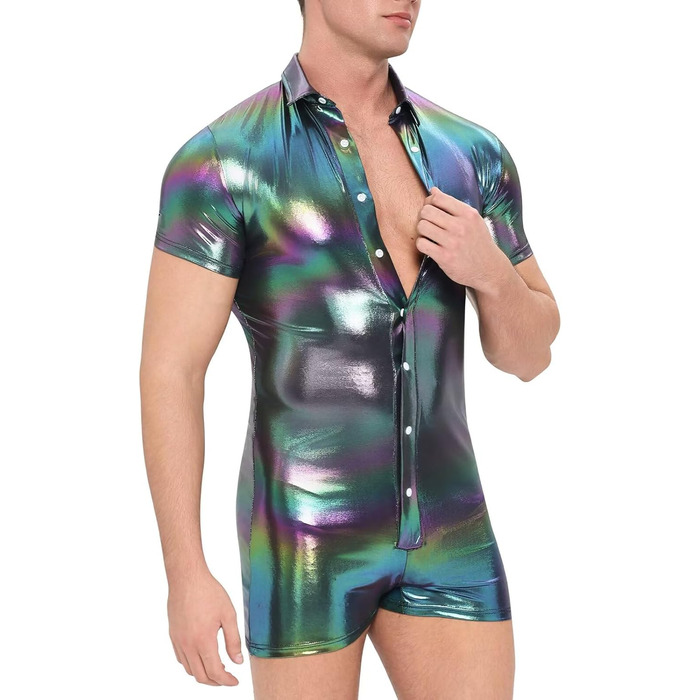 Чоловічий боді Landofgenie з металевим блиском, короткі рукави, комбінезон на бретелях (чорний, L)