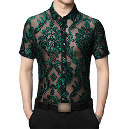 Прозора чоловіча сорочка з квітковою вишивкою EN8 7713 | Сексі сорочка з мереживом для вечірок