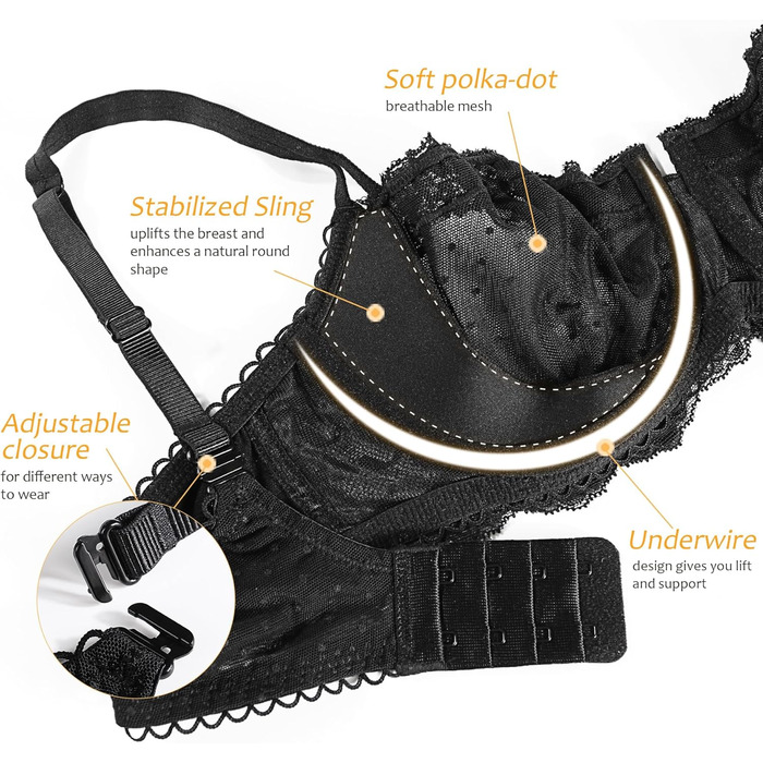 Чорний балконетний бюстгальтер DotVol з пуш-ап, великі розміри, без підкладки, 85B