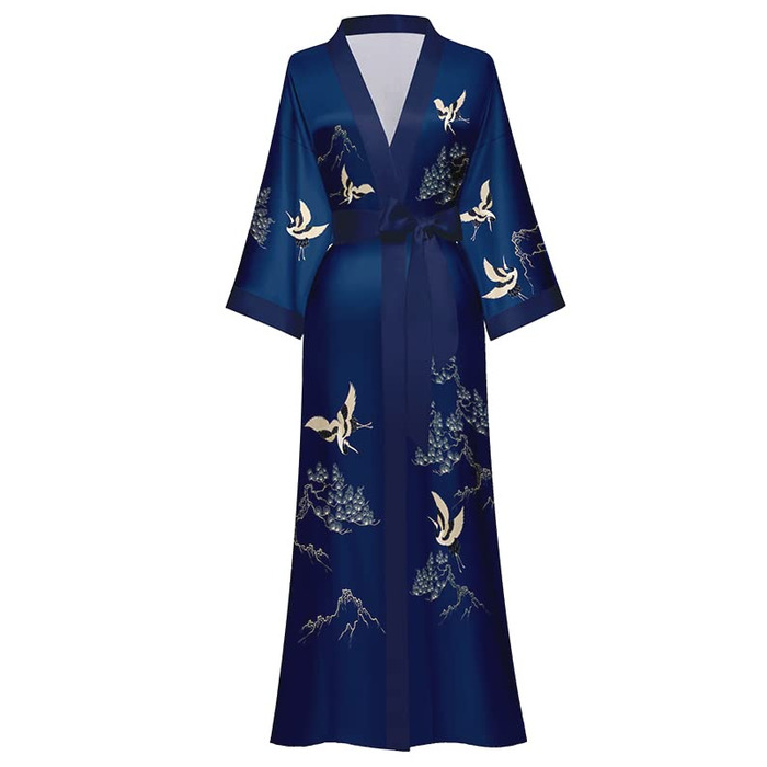 Жіночий халат-кімоно з довгим атласним рукавом, принт квітів, однорозмірний, темно-синій - Kranich und Kiefer
