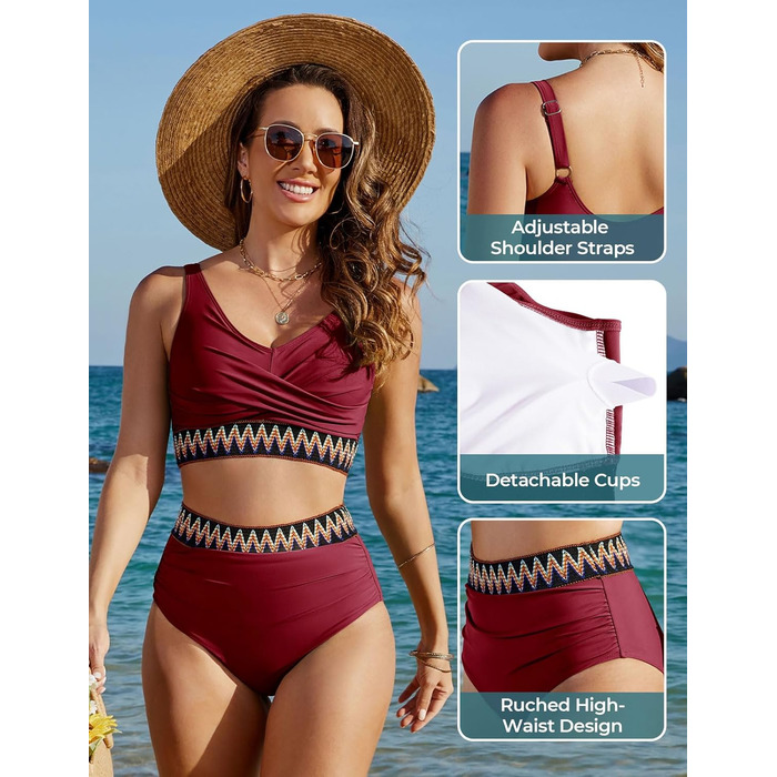 Бікіні жіночий комплект з високою талією, суцільний купальник двочастинний, сексуальний V-подібний виріз, push-up, кольоровий смугастий, великі розміри, пляжний, басейн, бордовий