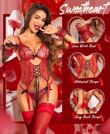 Комплект нижньої білизни RLOVE для жінок: піжама, део-сет, babydoll, 4-частинний комплект з бантиком, нічна сорочка, мультикольорове серце, білий (L, червоний)