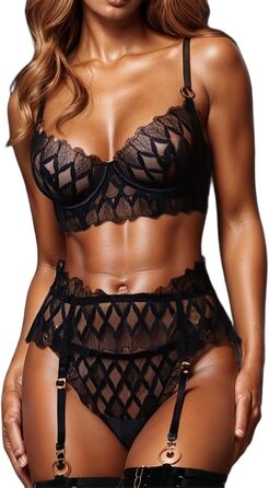 Жіноча нічна сорочка SRZYMJ: сексуальний баддідол, мереживний неглиже, сатинове нічне вбрання, елегантна білизна, для пишних форм, з шнурком, чорний A3, розмір M