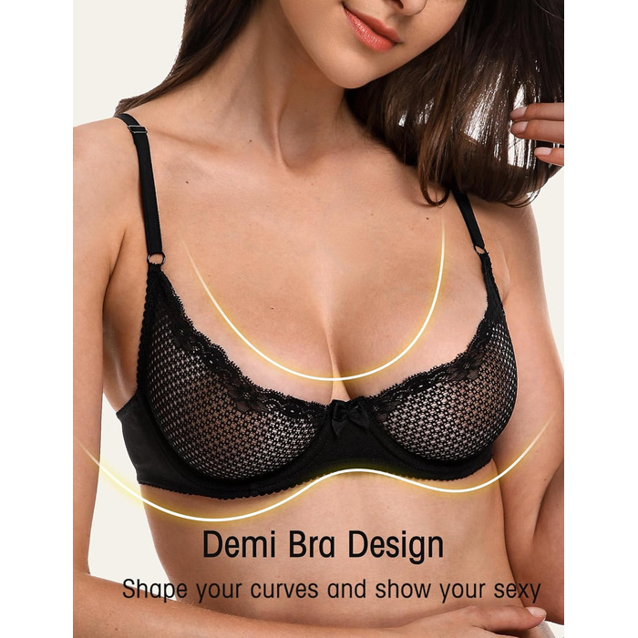 Чорний мереживний балконетний бюстгальтер Wingslove 85B з кісточками, м'який, з сіткою, без вставок