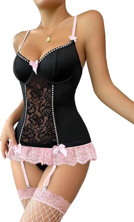 Сексуальний жіночий комплект спідньої білизни: мереживний боді з поясом для панчіх, V-подібний виріз, бантик спереду, підтримуючий каркас, з панчіхами (чорний/рожевий, 3XL)