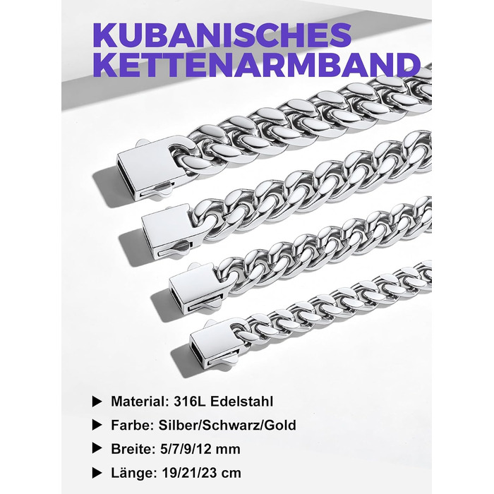 Чоловічий браслет Richsteel Cuban Link зі сталі 316L, ланцюг у стилі хіп-хоп (сріблястий, 5 мм, 23 см) — подарункова упаковка