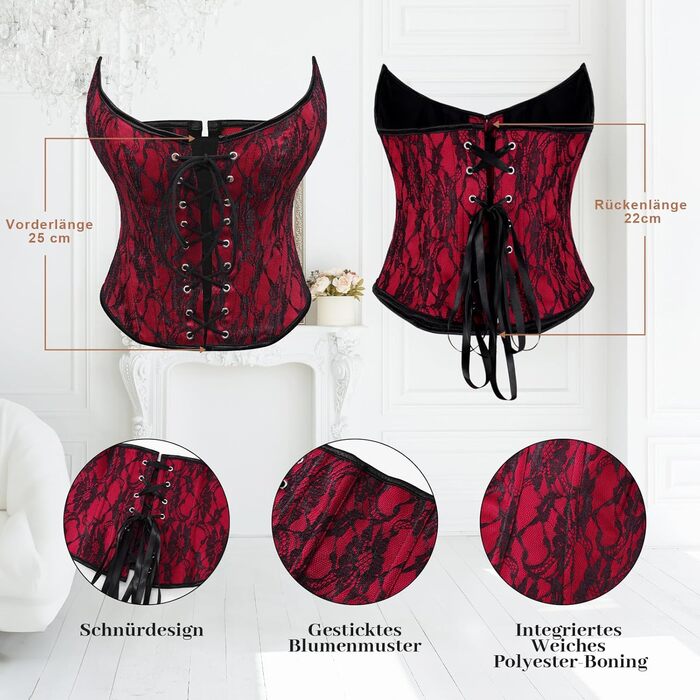 Корсет топ WHIPPY Daen Vollbrust з шнуруванням, готичний Overbust корсет (чорний/червоний, L)