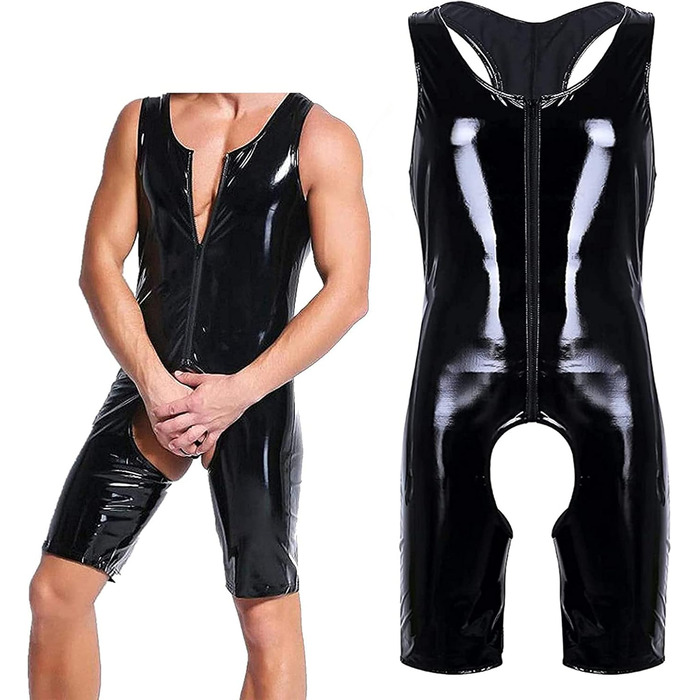Чоловічий боді з лакованої шкіри, сексуальний, на блискавці, мокрий ефект, для вечірок, фетиш, бондтаж, чорний (XL)
