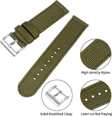 Нейлоновий ремінець для годинника TStrap 22мм в стилі NATO, військовий ремінець з полотна з швидким роз'ємним замком, колір Зелений/Срібляна пряжка, унісекс