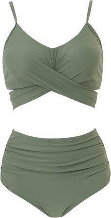 Бікіні JFAN з рюшами, пов'язка на спині, висока талія, топ з пуш-ап, комплект 2 шт. (Армійний зелений, XL)