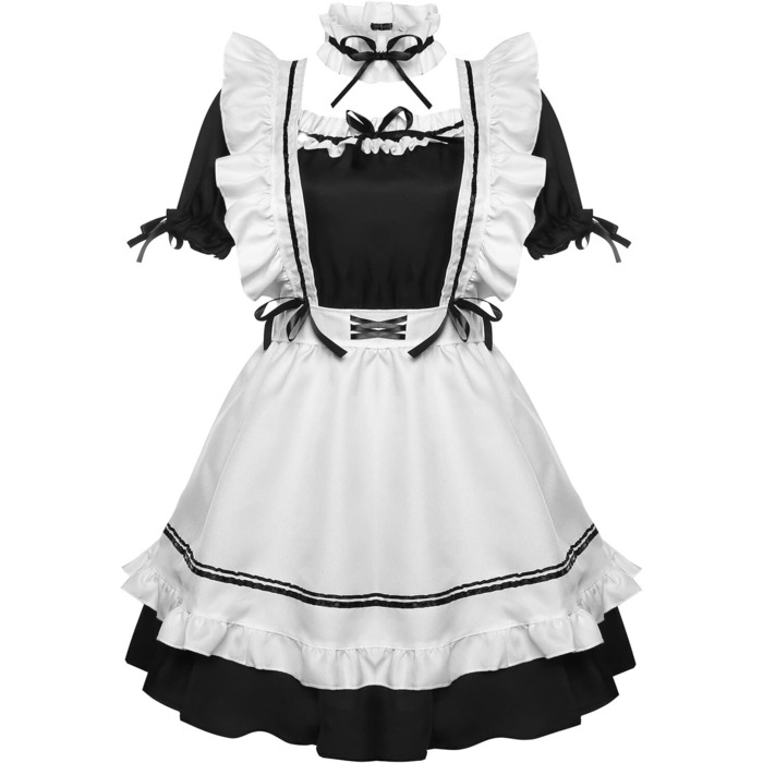 Костюм французької служниці YONABTF: сукня, фартух, хвіст, вушка, шкарпетки, комплект, 3XL, чорно-білий