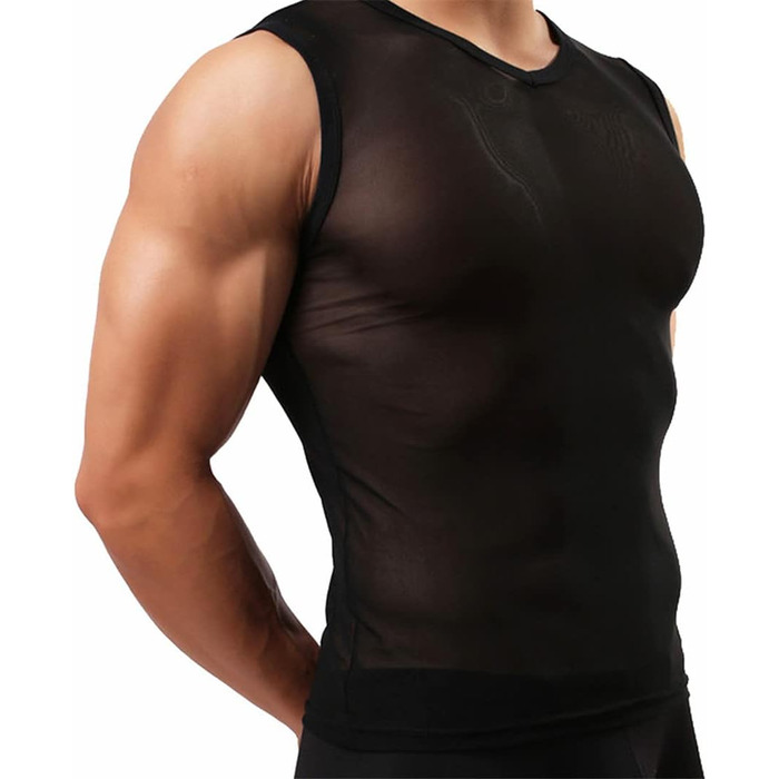 Чоловіча прозора футболка з сітки, нічна сорочка, майка, чорна XL