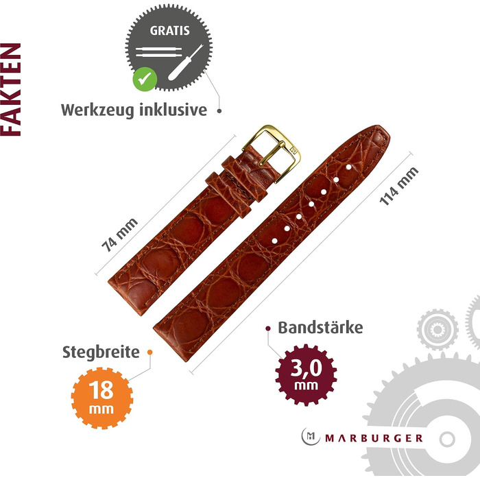 Шкіряний ремінець для годинника MARBURGER 18мм з тисненням під крокодила (Caiman) з прошивкою, коричневий/золотий, з набором інструментів для монтажу