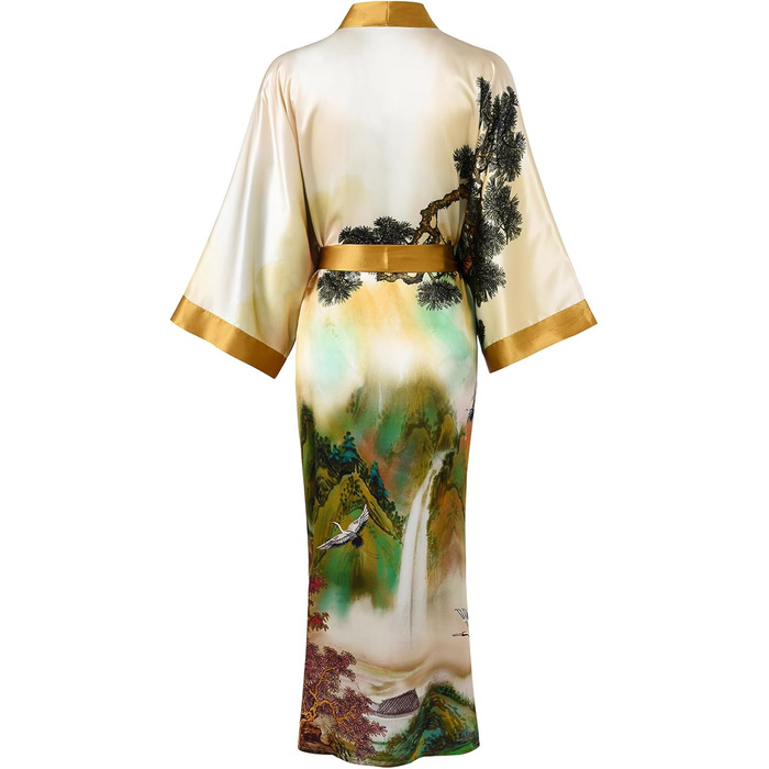Шовковий халат-кімоно Ledamon для жінок, довгий, 100% шовк, класичний квітковий халат-піжама (універсальний розмір, пейзаж осінь)